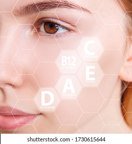 Young Woman Face In Honeycombs With Graphic Icons Of Vitamins And Minerals For Skin Health.