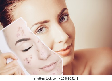 young woman face portrait with photo of her old skin