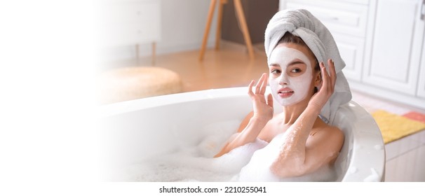 Young Woman With Facial Mask Taking Bath At Home. Banner For Design