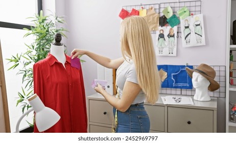 A young woman, a fashion designer, works in a bright atelier, adjusting a red shirt on a mannequin surrounded by sketches and a hat. - Powered by Shutterstock