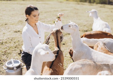 A young woman feeds goats in a sunny pasture, showcasing a serene moment of agriculture and animal interaction on a farm. - Powered by Shutterstock