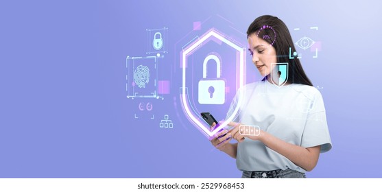 Young woman finger touch phone in hand, glowing digital padlock shield hologram, biometric verification and authentication. Concept of internet security and personal data protection