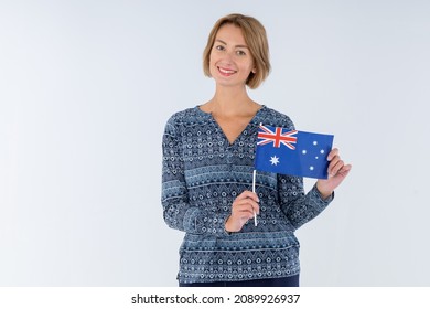 Young Woman With Flag Of Australia, Isolated On Gray Background.  Learn English And Travel.