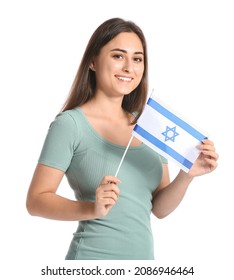 Young Woman With The Flag Of Israel On White Background