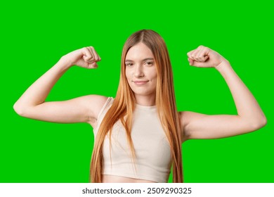 Young Woman Flexing Bicep Against Green Screen - Powered by Shutterstock