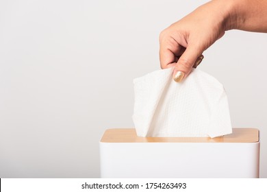 Young Woman Flu She Using Hand Taking Pulling White Facial Tissue Out Of From A White Box For Clean Handkerchief, Studio Shot Isolated On White Background, Healthcare Medicine Concept