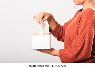 Young Woman Flu She Using Hand Taking Pulling White Facial Tissue Out Of From A White Box For Clean Handkerchief, Studio Shot Isolated On White Background, Healthcare Medicine Concept