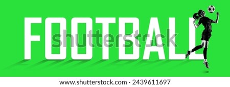 Young woman, football player in motion with ball on green background with giant football word. Concept of sport, active and heathy lifestyle, training, fitness. Poster, banner, ad