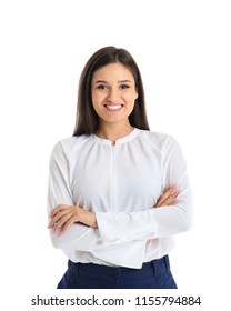 Young Woman In Formal Clothes On White Background