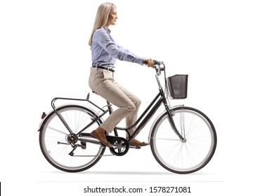 Young Woman In Formal Clothes Riding A Bicycle Isolated On White Background