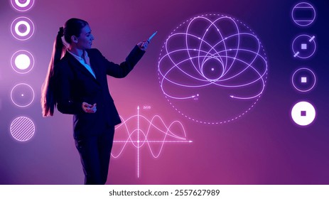 Young woman, in formal suit, presenter discusses graph-based data trends in front of neon lit backdrop. Concept of presentation, training, meeting, leadership, analysis. Copy space for ad.