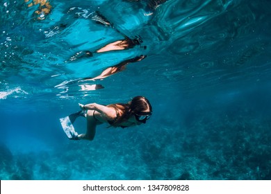 Young Woman Freediver Fins Swim Underwater Stock Photo 1347809828 ...