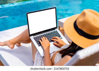 Young Woman Freelancer Traveler Working Online Using Laptop While Traveling On Summer Vacation, Freelance And Workation Concept