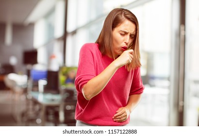 Young Woman Full Body. Coughing, Suffering A Winter Illness Such As A Cold Or The Flu, Feeling Unwell And Feverish.