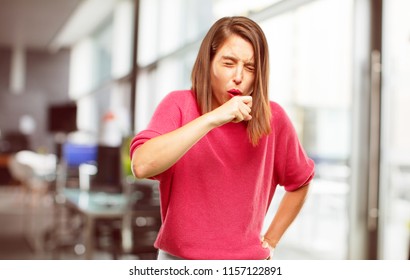 Young Woman Full Body. Coughing, Suffering A Winter Illness Such As A Cold Or The Flu, Feeling Unwell And Feverish.