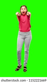 young woman full body. looking angry and surprised, shouting and pointing forward, towards you