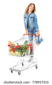 Young Woman With Full Shopping Cart On White Background