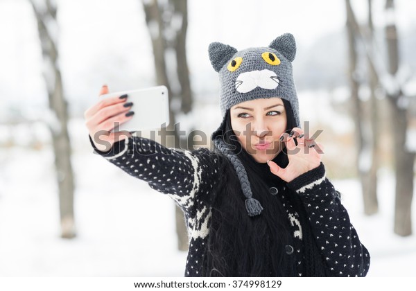 Young Woman Fun Knitted Cat Hat Stock Photo Edit Now 374998129