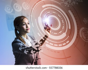 Young Woman And Futuristic Graphical User Interface Concept