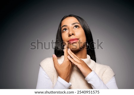 Similar – Image, Stock Photo Young woman gazing upwards in urban setting