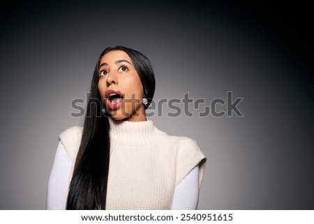 Similar – Image, Stock Photo Young woman gazing upwards in urban setting