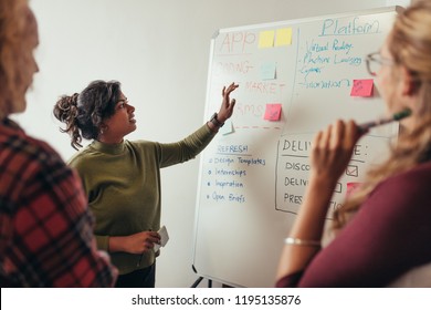 Young Woman Giving Presentation Over White Board To Team At Tech Startup. Female Programmer Explaining New Project To Coworkers.