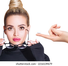 Young Woman In Glasses Decides To Wear Contact Lenses. Isolated On White. Glasses Of Lenses Concept.