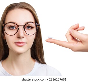 Young Woman In Glasses Decides To Wear Contact Lenses. Isolated On White. Glasses Of Lenses Concept.