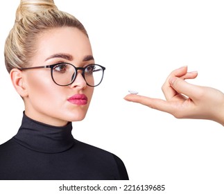 Young Woman In Glasses Decides To Wear Contact Lenses. Isolated On White. Glasses Of Lenses Concept.