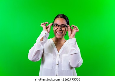 Young woman glasses with green background