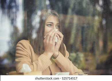 Young Woman Got Nose Allergy, Flu Sneezing Nose