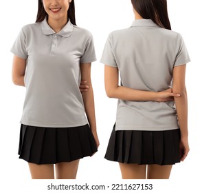 Young Woman In Grey Polo Shirt Mockup Isolated On White Background With Clipping Path.