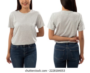 Young woman in grey T shirt mockup isolated on white background with clipping path.