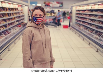 A Young Woman At A Grocery Store During The Coronavirus Pandemic In The United States.