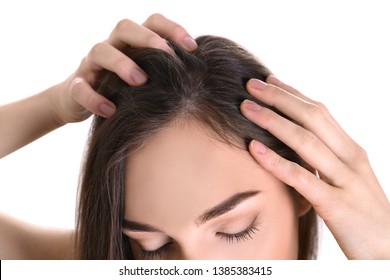 Young Woman With Hair Loss Problem On White Background, Closeup