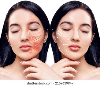 Young woman with half of face with muscles structure under skin. - Shutterstock ID 2169639947