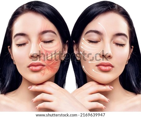 Young woman with half of face with muscles structure under skin.