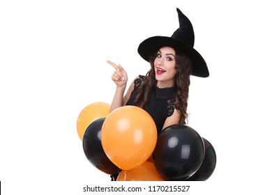 Young Woman In Halloween Costume With Balloons Isolated On White Background