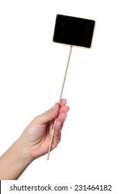 A Young Woman Hand Holding A Blank Blackboard Stacked In A Stick On A White Background