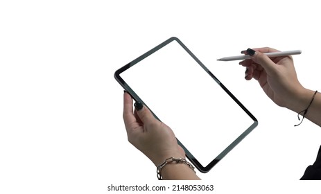 Young woman hand holding digital tablet and stylus pen isolated on white background. Blank display for graphic display montage. - Shutterstock ID 2148053063