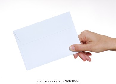 Young woman hand holding an envelope isolated on a white background.