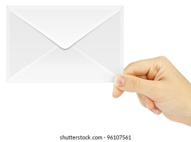 Young Woman Hand Holding An Mail Envelope Isolated On A White Background