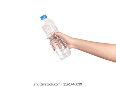 Young Woman Hand Holding Water Bottle Isolated On White Background.