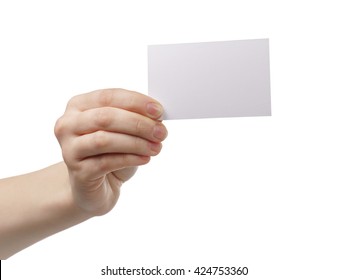 Young Woman Hand Showing Empty Paper Card To Camera, Isolated On White Background