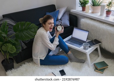 Young Woman Handle Alarm Clock And Crying. Deadline Concept. Student Working On Laptop In Her Home. Stay Connected With Technology. Selective Focus.