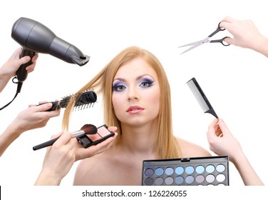 Young woman and hands with eyes shadows, brush, scissors and hairdryer, isolated on white - Shutterstock ID 126226055
