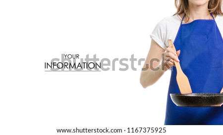 Young woman in hands a frying pan and a wooden spatula pattern on a white background isolation