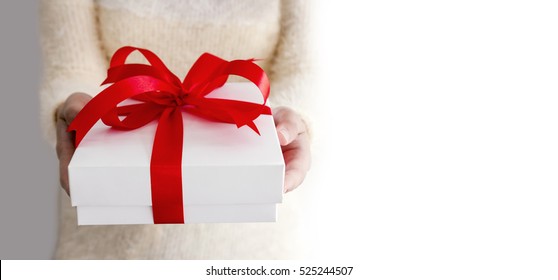 Young Woman Hands Holding White Gift Box 