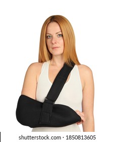 Young Woman Has Arm Sling After Shoulder Surgery