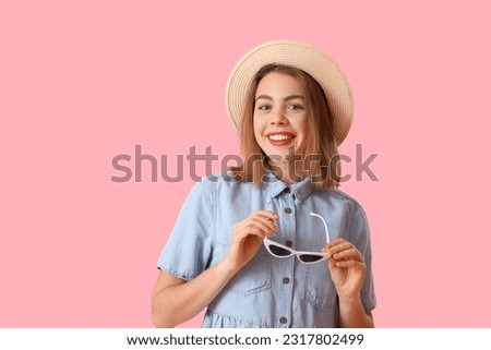 Similar – Image, Stock Photo Casual woman in sunglasses leaning against a brick wall